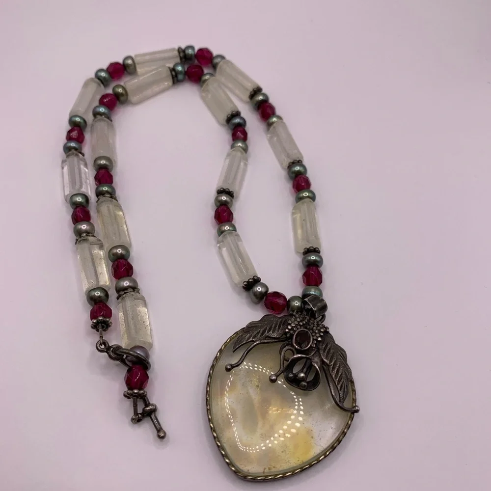 Moonstone and Garnet Sterling Unique Vintage Artisan Made Pendant